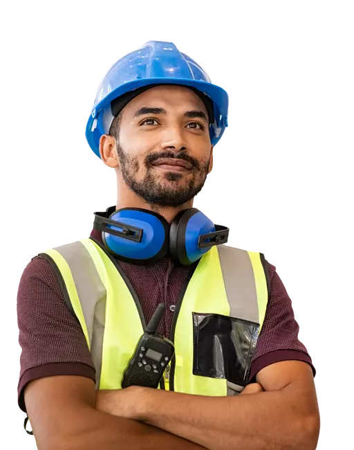 een werkman met blauwe helm, oorbescherming en een fluovestje